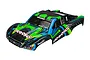 Traxxas Slash 4x4 Ultimate short course truck body shell in green, blue, and black with racing decals.