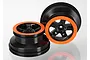 Two black and orange RC short course wheels with a five-spoke design against a white background.