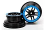 Two black and blue RC short course wheels with a five-spoke design and beadlock-style ring, shown against a white background.