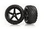Two black RC buggy wheels with five-spoke rims and knobby off-road rubber tyres, shown against a white background.