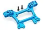 A blue anodized aluminium front shock tower for an RC car, shown with two black mounting screws on a white background.