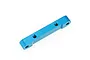 A blue anodized aluminium rear suspension arm pin mount for an RC car, shown isolated on a white background.