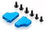 Two blue anodized aluminium servo mounts with six black metal screws arranged on a white background.
