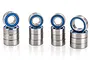 A set of metal ball bearings with blue rubber seals, stacked in four groups against a white background.