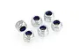 A set of six silver-coloured steel nyloc nuts with blue nylon inserts arranged on a white background.
