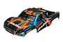 A pre-painted orange, blue, and black Traxxas Slash 4x4 short course truck body shell on a white background.
