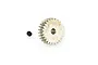 A silver-coloured metal 26-tooth pinion gear with a small black grub screw sitting to its left on a white background.