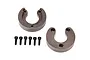 Two dark grey metal portal housing weights for Traxxas TRX-4 with six small black mounting screws on a white background.