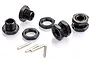 A set of four black aluminium 17mm hex adapters for RC cars, including matching nuts and drive pins on a white background.