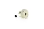 A silver-coloured metal 21-tooth pinion gear with a small black grub screw beside it on a white background.