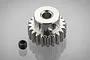 A silver-coloured metal 20-tooth pinion gear with a small black grub screw, set against a light grey reflective background.