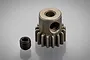 A 16-tooth steel pinion gear with a set screw placed on a reflective grey surface.