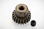 A brass 21T 0.6Mod pinion gear for RC cars with a small black grub screw next to it on a white background.