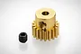 A brass 18-tooth pinion gear for RC cars, shown next to a small black grub screw on a white background.