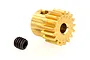 A brass 17-tooth pinion gear for RC cars with a separate black grub screw, isolated on a white background.