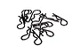 A pile of twelve black metal R-clips or body pins used for securing RC car bodies.
