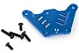 A blue anodized aluminium top chassis brace for an RC car, accompanied by five black metal screws, isolated on a white background.