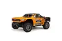 ARRMA Senton 4x4 BLX 3S RC short course truck in orange and black livery, viewed from a three-quarter angle against a white background.