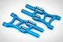 Two blue anodized aluminium RC car suspension arms positioned on a plain white background.