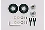 Tamiya TT-01 Front One Way Differential Kit parts including two black bevel gears, two silver metal hubs, drive cups, bearings, screws, and an Allen key.