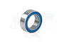 A single metal ball bearing with a blue rubber seal, shown at an angle against a white background.