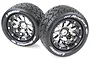 Two Louise 3.3 inch MT-Rocket RC monster truck tires mounted on black chrome beadlock-style wheels against a white background.