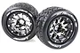 Two Louise 3.3 inch MT-Rocket monster truck tyres mounted on black chrome beadlock-style rims against a white background.