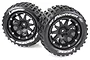 Two Louise 3.3 inch MT-Pioneer MFT monster truck tyres mounted on black beadlock-style rims against a white background.