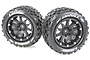 Two Louise 3.3 inch MT-Uphill monster truck tyres mounted on black beadlock-style wheels against a white background.