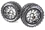 Two Louise 3.3 inch MT-Uphill monster truck tires mounted on black chrome beadlock-style wheels against a white background.