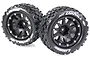 Two Louise MT-Uphill RC monster truck tyres mounted on black beadlock-style rims with white lettering on a white background.