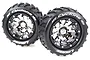 Two Louise 3.3 inch MT-Cyclone monster truck tyres mounted on black chrome beadlock-style rims against a white background.