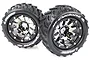 Two Louise MT-Cyclone 3.3 inch RC monster truck wheels with black chrome rims and aggressive tread pattern on a white background.