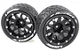 Two Louise 3.3 inch ST-Rocket MFT RC stadium truck wheels with black rims and treaded rubber tires against a white background.