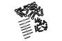 A set of Yeah Racing titanium turnbuckles, black plastic rod ends, and metal ball studs for RC car suspension.