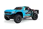 ARRMA Senton 4x4 Mega RC short course truck in blue and black livery, viewed from a front three-quarter angle on a white background.
