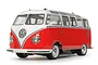 A 1/10 scale Tamiya RC model of a red and white Volkswagen Type 2 T1 van on a white background.