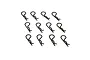 Twelve black metal R-clips or body pins arranged in a grid against a white background.
