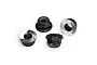 Four black aluminium flanged nyloc serrated nuts for RC vehicles, arranged on a white background.