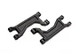 Two black plastic suspension arms for a Traxxas Maxx RC vehicle, shown from an overhead angle against a white background.