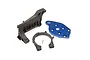 Traxxas Maxx 4S motor mount set including a blue anodized aluminum motor plate, a black plastic motor mount bracket, and a small metal pin.