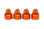 Four orange anodized aluminium shock caps for Traxxas GT-Maxx RC shocks arranged in a row on a white background.