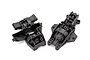 Two black plastic rear bulkhead components for a Traxxas Maxx RC car, shown from different angles against a white background.