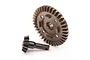 Traxxas Maxx 4S steel differential ring gear and pinion gear set on a white background.