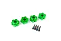 Four green anodized aluminum 17mm splined wheel hex adapters with four matching grub screws for RC cars.