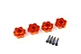 Four orange anodized aluminium 17mm splined wheel hex adapters and four matching grub screws arranged on a white background.