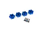 Four blue anodized aluminium 17mm splined wheel hex adapters and four metal pins arranged on a white background.