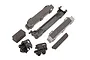 Traxxas Maxx 4S battery mount set including plastic battery trays, foam spacers, and mounting clips on a white background.