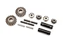 A set of Traxxas steel differential output and bevel gears including various metal gears, shafts, and pins on a white background.