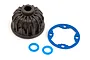 Traxxas Maxx 4S differential case set including a black plastic housing, a blue gasket, and two blue O-ring seals on a white background.